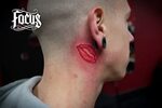 Red Lips Kiss Tattoo Below Ear in 2017: Real Photo, Pictures